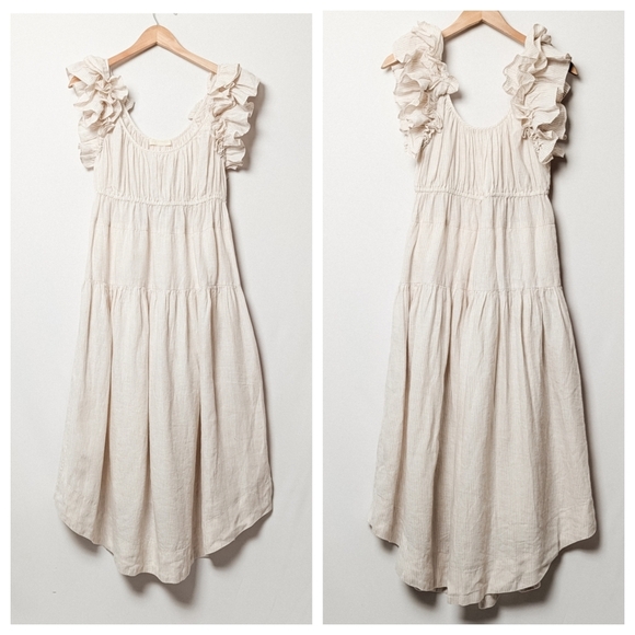 ULLA JOHNSON Rissa Dress Sand 100% Linen Midi Ruffle Tiered Cream Stripe 8 - Picture 14 of 14